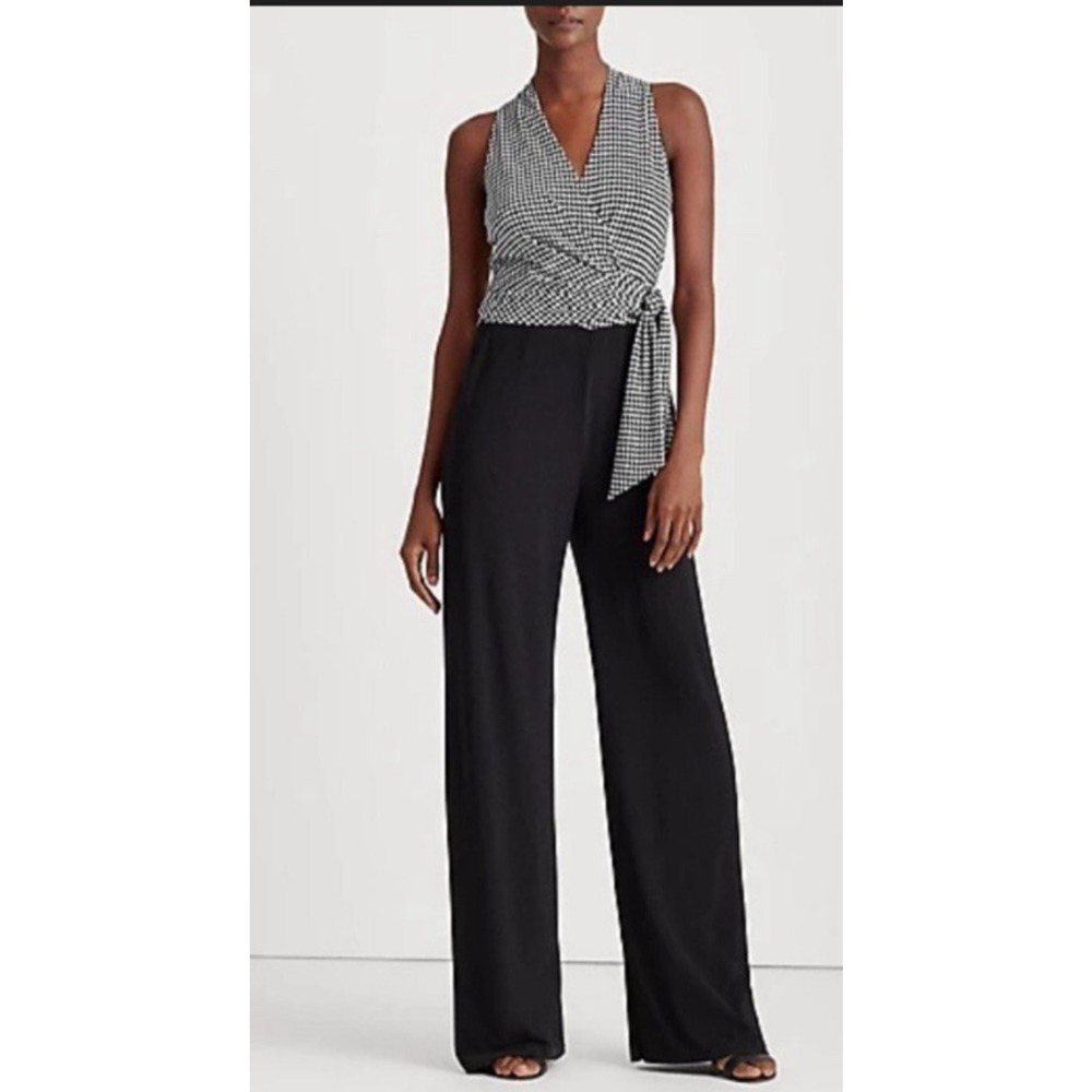 Lauren Ralph Lauren Houndstooth Wrap Top Jumpsuit Womens Size 8P Black White